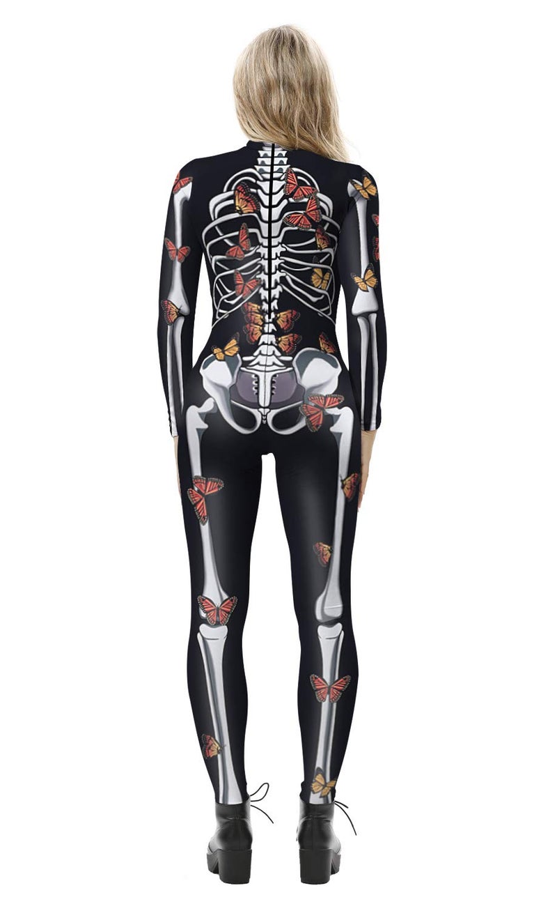 URVIP Women Halloween Skeleton Costume Stretch Skinny Catsuit Jumpsuit Bodysuit BAX-105 L - Image 2
